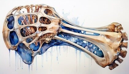 watercolor painting of detailed anatomical bone structure on white background
