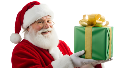 Santa claus holding christmas present holiday season image on transparent background