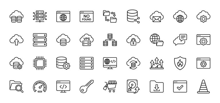 Information technology line icon set. Vector pictograms of cloud servers, databases, networking, security, web development, and data management elements, thin linear illustration.