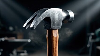 Powerful Claw Hammer with Wooden Handle, Dramatically Lit in a Smoky Industrial Workshop Setting, Symbolizing Craftsmanship and Hard Work - Powered by Adobe