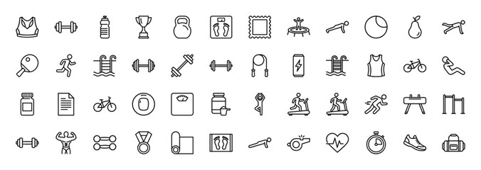 Fitness and sport line icon set. Vector pictograms of exercise equipment, workout accessories, and healthy lifestyle elements, thin linear illustration.