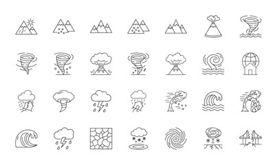 Fototapeta premium Natural disasters line icon set. Vector pictograms of volcanoes, tornadoes, storms, tsunamis, lightning, floods, wildfires, earthquakes, thin linear illustration.