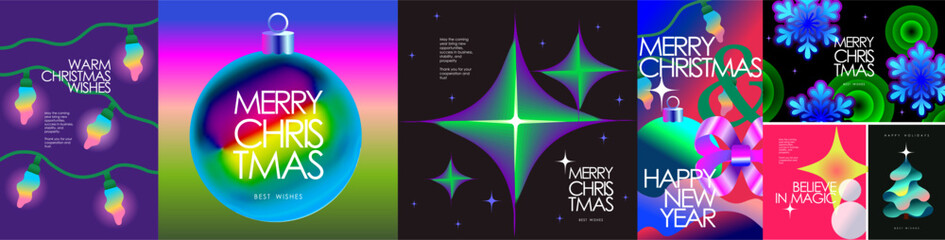 Fototapeta na wymiar Merry Christmas and Happy New Year! Vector abstract modern 3D illustration of a garland, glass ball, star, ribbon, snowflakes, and a Christmas tree for a corporate greeting card, poster or banner