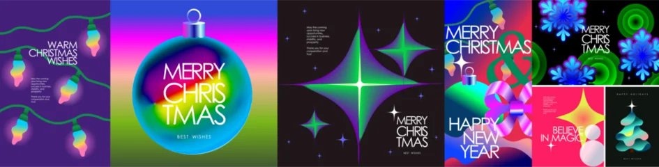 Selbstklebende Fototapeten Sportgeschäft Merry Christmas and Happy New Year! Vector abstract modern 3D illustration of a garland, glass ball, star, ribbon, snowflakes, and a Christmas tree for a corporate greeting card, poster or banner  © Ardea-studio