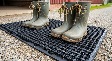Boots resting on a disinfection mat for agricultural boots outdoors  