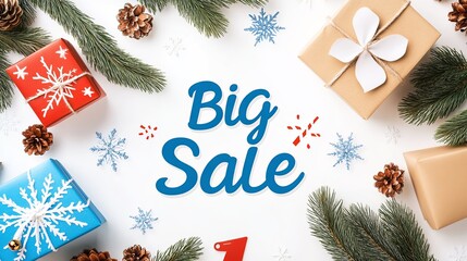 Promotional banner for festive big sale with gift boxes and winter decorations
