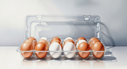 Eggs in plastic container resting on clean counter surface  