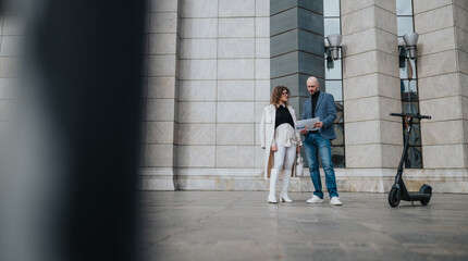 A man and woman stand together outside a contemporary office building, examining papers as they discuss plans.
