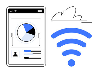 Mobile interface displaying food chart and user data next to a wireless symbol and cloud icon. Ideal for health, diet, meal planning, technology, connectivity, analytics, digital lifestyle. Simple