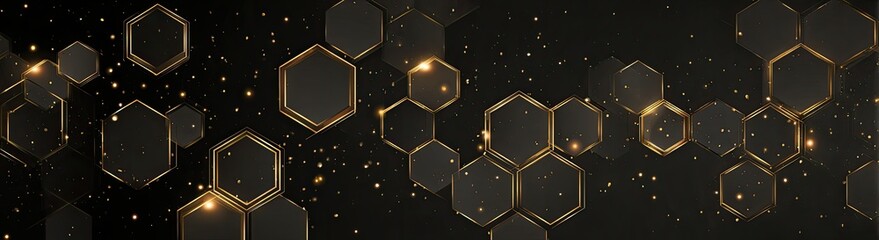 Dark hexagons with gold edges and bokeh on black background