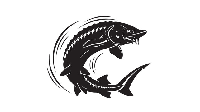 Majestic sturgeon leaping powerfully from the water in bold silhouette, an icon of strength and resilience, perfect for conservation, fishing, or nature themes