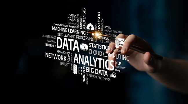 A creative visual representation of data analytics concepts featuring keywords such as cloud computing, machine learning, and big data, showcasing modern technology themes. Tessel - Powered by Adobe