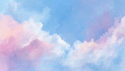 Dreamy sky with pink, white and blue clouds. Watercolor effect