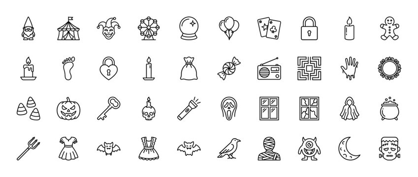 Halloween and fantasy line icon set. Vector pictograms of pumpkins, ghosts, bats, Frankenstein monster, cauldron, carnival tent, Ferris wheel, and crystal ball, thin linear illustration.