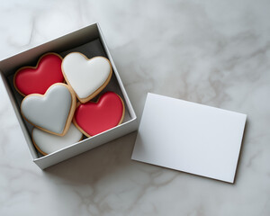Heart shaped cookies in gift box with blank card on marble surface