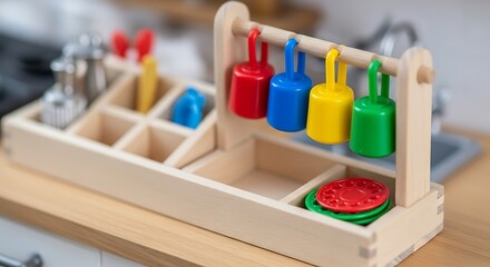 Educational wooden toy kitchenware set featuring vibrant primary colors for creative play and early learning