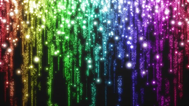 軌跡を描き落下する光の粒のループ背景 虹色