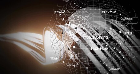 Ribbon sweeping left initiating globe emerging grid rotating hex sliding showing global data - Powered by Adobe