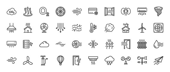 HVAC, ventilation, and weather line icon set. Vector pictograms of air conditioning, heating, fans, wind, temperature, clouds, and natural elements, thin linear illustration.