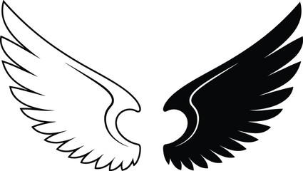 Black and white wing silhouette, symmetrical design, duality symbol, curved feathers, mirrored shape, good and evil, contrast icon, balance, spiritual concept