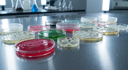 Petri dishes with samples arranged on stainless lab counter  