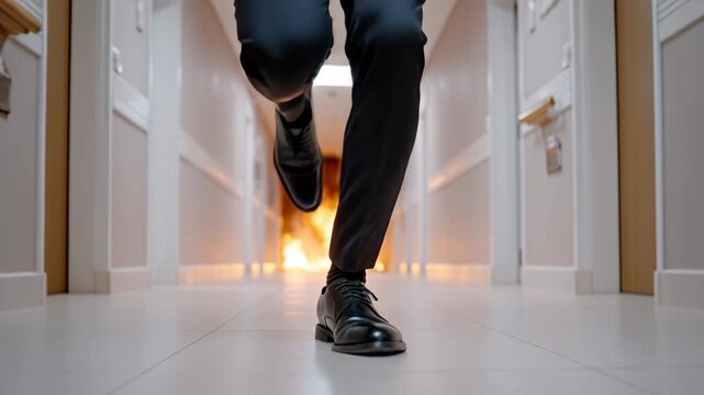 Low angle shot of a person in a suit walking quickly down a hallway, away from a fire raging behind them.
