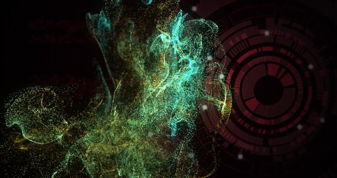 Dense particle cloud forming, growing and rising, stretching teal yellow ribbons revealing red HUD - Powered by Adobe