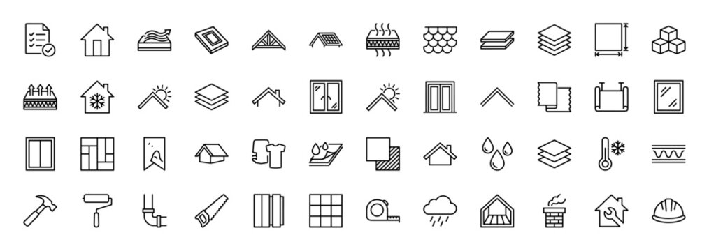 Building and roofing line icon set. Vector pictograms of house, roof, solar panel, shingles, insulation, windows, doors, tools, materials, and measurement, thin linear illustration.