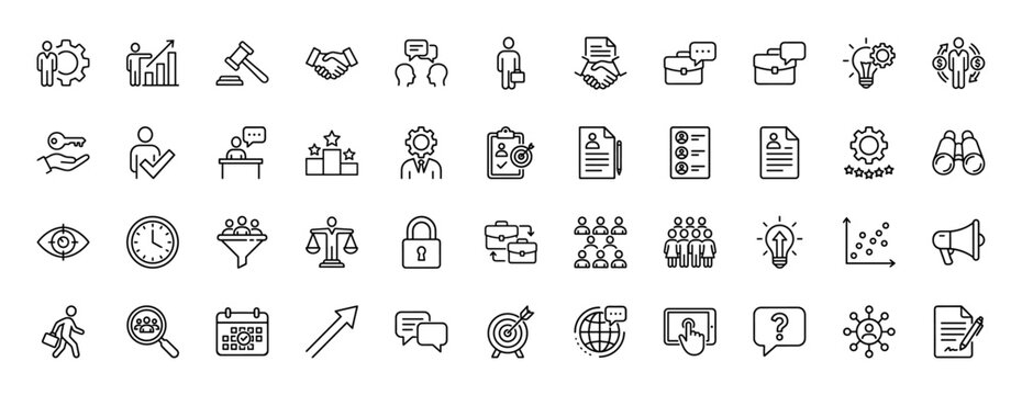 Business line icon set. Vector pictograms of handshake, briefcase, gear, growth graph, team, resume, target, and lightbulb, thin linear illustration.