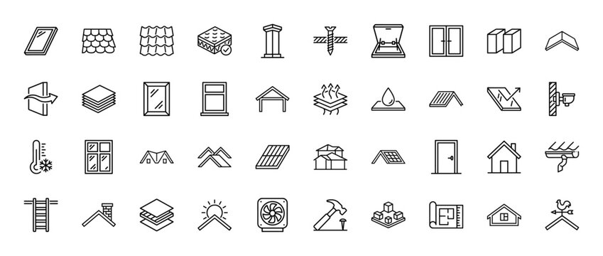 Construction and roofing icon set. Vector pictograms of windows, roofs, materials, tools, and building elements, thin linear illustration.