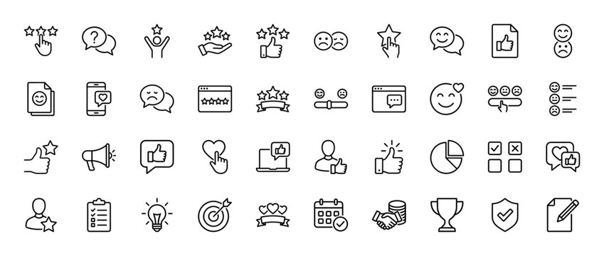 Customer feedback and satisfaction line icon set. Vector pictograms of star ratings, thumbs up, smileys, surveys, reviews, data analysis, and goals, thin linear illustration.