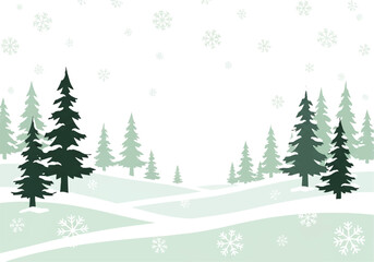 Winter landscape with snow-covered hills and evergreen trees.