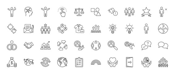 Business and human resources line icon set. Vector pictograms of team, growth, communication, success, finance, and global concepts, thin linear illustration.