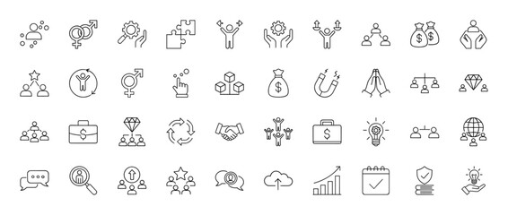 Business and human resources line icon set. Vector pictograms of teamwork, strategy, finance, innovation, communication, recruitment, and growth, thin linear illustration.