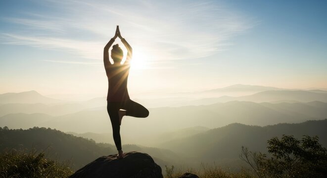 Silhouette of a woman practicing yoga tree pose on a mountain peak at sunrise - Powered by Adobe