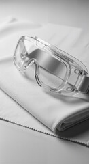 Transparent protective goggles resting on sterile cloth for safety  