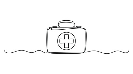 Continuous line drawing of a first aid kit with a medical cross
