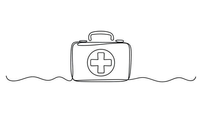 Continuous line drawing of a first aid kit with a medical cross