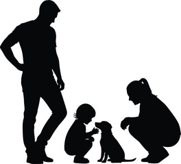 Happy family with child and pet puppy silhouette; loving parents and toddler boy bonding with a cute dog, symbolizing joy, togetherness, and adoption of a new furry friend.