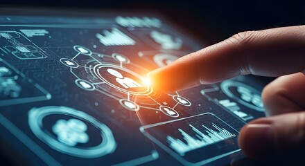 Finger touching a futuristic holographic interface displaying complex data and information