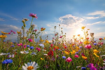 Wildflower meadow blooms under blue sky, sun peaking through clouds