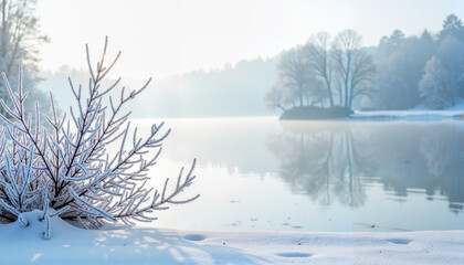 Winter lake with serene nature and snowy trees, peaceful winter walk by the river