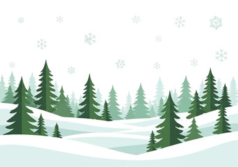 Winter landscape with snow-covered hills and evergreen trees under a snowy sky.