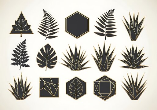 Elegant botanical vector art featuring ferns agave and leaves in geometric frames for creative projects