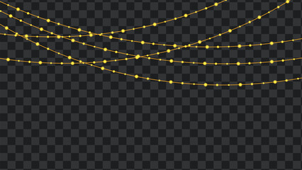 Hanging yellow string fairy lights, decorative glowing electric bulbs creating a festive illumination for celebrations and joy