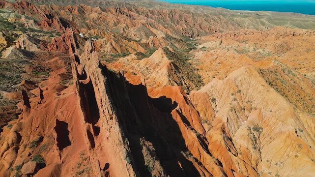 Skazka Canyons or so called Fairytale Canyons surrounded view, in drone point of view in Issyk-Kul region near the lake