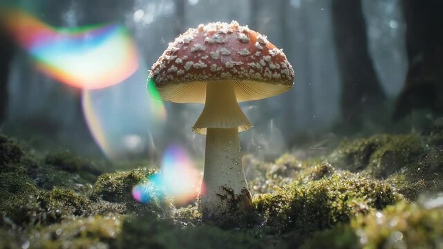 A solitary red-capped mushroom stands amidst the ethereal ambiance of a verdant forest