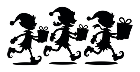 Three elves carrying gifts in silhouette, representing Christmas spirit and holiday preparation.