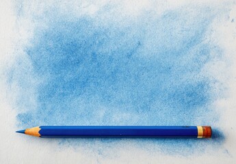 Blue pencil on paper with a painted blue watercolor background, art supplies