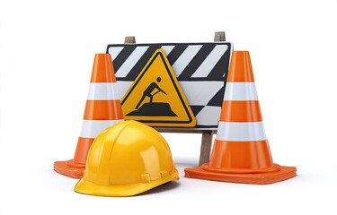 Work zone sign with cones, helmet, and barrier on white backdrop